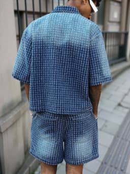 Men's Jacquard Textured Gradient Washed Denim Matching Set, Short Sleeve Button Down Shirt & Drawstring Cargo Shorts