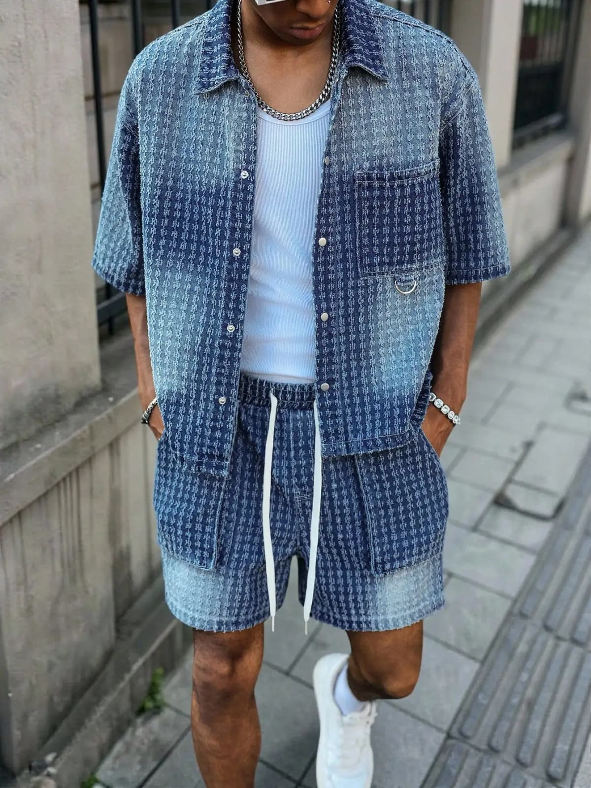 Men's Jacquard Textured Gradient Washed Denim Matching Set, Short Sleeve Button Down Shirt & Drawstring Cargo Shorts