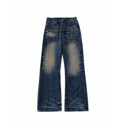 Button‑Fly Cat‑Whisker Pleated Indigo Selvedge Bootcut Jeans