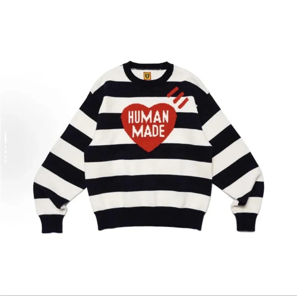 Human Made striped heart-shaped letter sweater knitted sweater loose fitting mens and womens casual wear round neck warm sweater