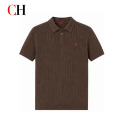 CH Men Luxury Vertical Ribbed Knit Polo Shirt Red Mini Embroidery Left Chest Regular Fit Vacation Office Smart Wear