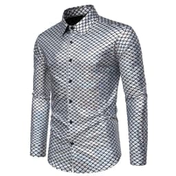 2024 New Glossy Fish Scales Green Mens Sequin Shirt Gold Bronzing Steampunk Nightclub Stage Party Dress Long Sleeve Top Men