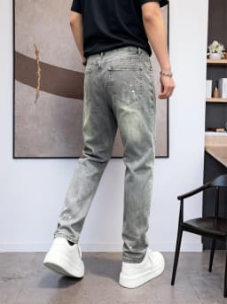 【HME】Men's Jeans | Ripped Paint Splatter Denim Pants, Men Retro Faded Washed Denim Jeans, Relaxed Straight‑Fit Male Denim Trousers, Destroyed Frayed Details, Durable Denim Bottoms, Multi‑Pocket Casual Denim Wear For Male Daily Going‑Out