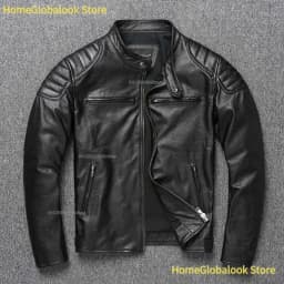 New Men Top‑Layer Genuine Cowhide Leather Jacket, Stand Collar Classic Motorcycle Biker Coat, Windproof Warm Outerwear, Plus Size Available For Autumn Winter Riding And Daily Casual Wear