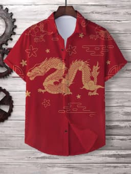 Chinese New Year's Shirt for Men Fashion Lapel Neck Short Sleeve Top Cool Dragon Printed Men's Shirt Street Hip Hop Clothing