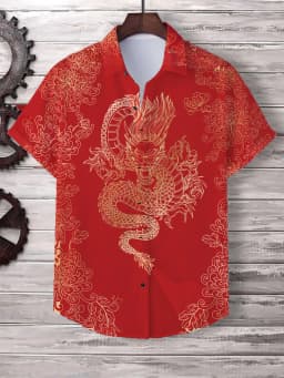 Chinese New Year's Shirt for Men Fashion Lapel Neck Short Sleeve Top Cool Dragon Printed Men's Shirt Street Hip Hop Clothing