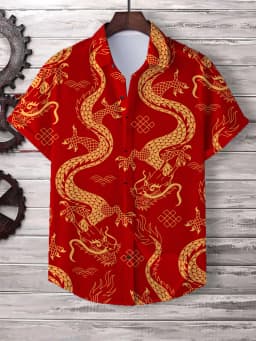 Chinese New Year's Shirt for Men Fashion Lapel Neck Short Sleeve Top Cool Dragon Printed Men's Shirt Street Hip Hop Clothing