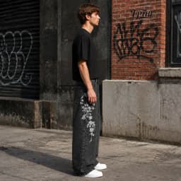 UP.THE Men Y2K Rose Embroidery Wide Leg Jeans, Vintage Black Washed Baggy Denim Pants, Hip Hop Streetwear Loose Casual Trousers for Daily Wear