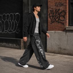 UP.THE Men Y2K Rose Embroidery Wide Leg Jeans, Vintage Black Washed Baggy Denim Pants, Hip Hop Streetwear Loose Casual Trousers for Daily Wear