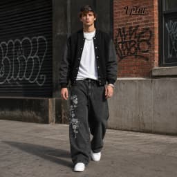 UP.THE Men Y2K Rose Embroidery Wide Leg Jeans, Vintage Black Washed Baggy Denim Pants, Hip Hop Streetwear Loose Casual Trousers for Daily Wear