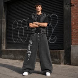 UP.THE Men Y2K Rose Embroidery Wide Leg Jeans, Vintage Black Washed Baggy Denim Pants, Hip Hop Streetwear Loose Casual Trousers for Daily Wear