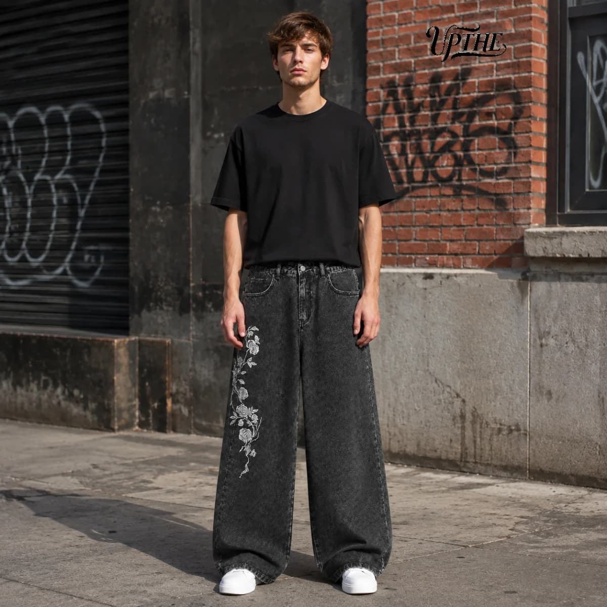 UP.THE Men Y2K Rose Embroidery Wide Leg Jeans, Vintage Black Washed Baggy Denim Pants, Hip Hop Streetwear Loose Casual Trousers for Daily Wear