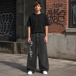 UP.THE Men Y2K Rose Embroidery Wide Leg Jeans, Vintage Black Washed Baggy Denim Pants, Hip Hop Streetwear Loose Casual Trousers for Daily Wear