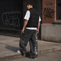 UP.THE Men Y2K Rose Embroidery Wide Leg Jeans, Vintage Black Washed Baggy Denim Pants, Hip Hop Streetwear Loose Casual Trousers for Daily Wear
