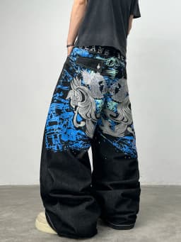American Street-Style Graffiti Print Embroidered Black Baggy Jeans Men Y2K Trendy Wide-Leg Straight Pants