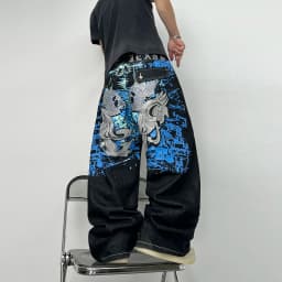 American Street-Style Graffiti Print Embroidered Black Baggy Jeans Men Y2K Trendy Wide-Leg Straight Pants