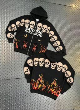 Asian Code Hiphop Street Distressed Washed Worn SATOSHI Zip-up Hoodie Flame Skeleton Vintage Faded Print Jacket Men Women Outfit