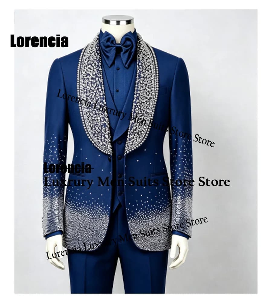 Customized Diamond Beading Men suit Formal Sequin Gem For Prom Groom Male Evening Party Fashion Blazer 3 Pieces Set Tuxedos Slim