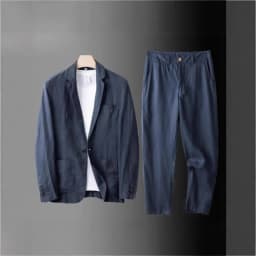 KIDWHXR Summer Men Suit Single-breasted Pocket Blazer Male Elastic Waist Pant Man Thin Cotton Linen Breathable 2-piece Outfit