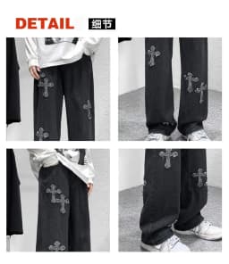 Men Cross Print Jeans Autumn Winter Harajuku Loose Wide Leg Denim Pants Student Hip Hop Straight Casual Daily Fashion Trousers