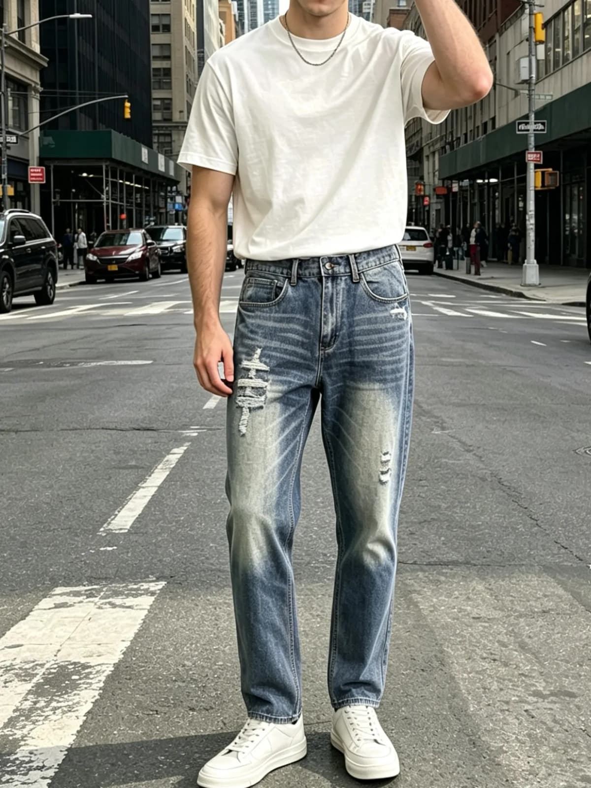 【HME】Men's Jeans | Straight‑Leg Denim Pants With Back Elastic Waist, Men Distressed Ripped Denim Jeans, Vintage Washed Patch Denim Trousers, Classic Five‑Pocket Structure, Comfort Fit Casual Denim Bottoms For Men Street Daily Look
