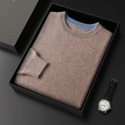 Autumn Winter Men's 100% Merino Wool Soft Sweater Contrasting Colors Round Neck Pullover Loose Long Sleeve Jumper Cashmere Top