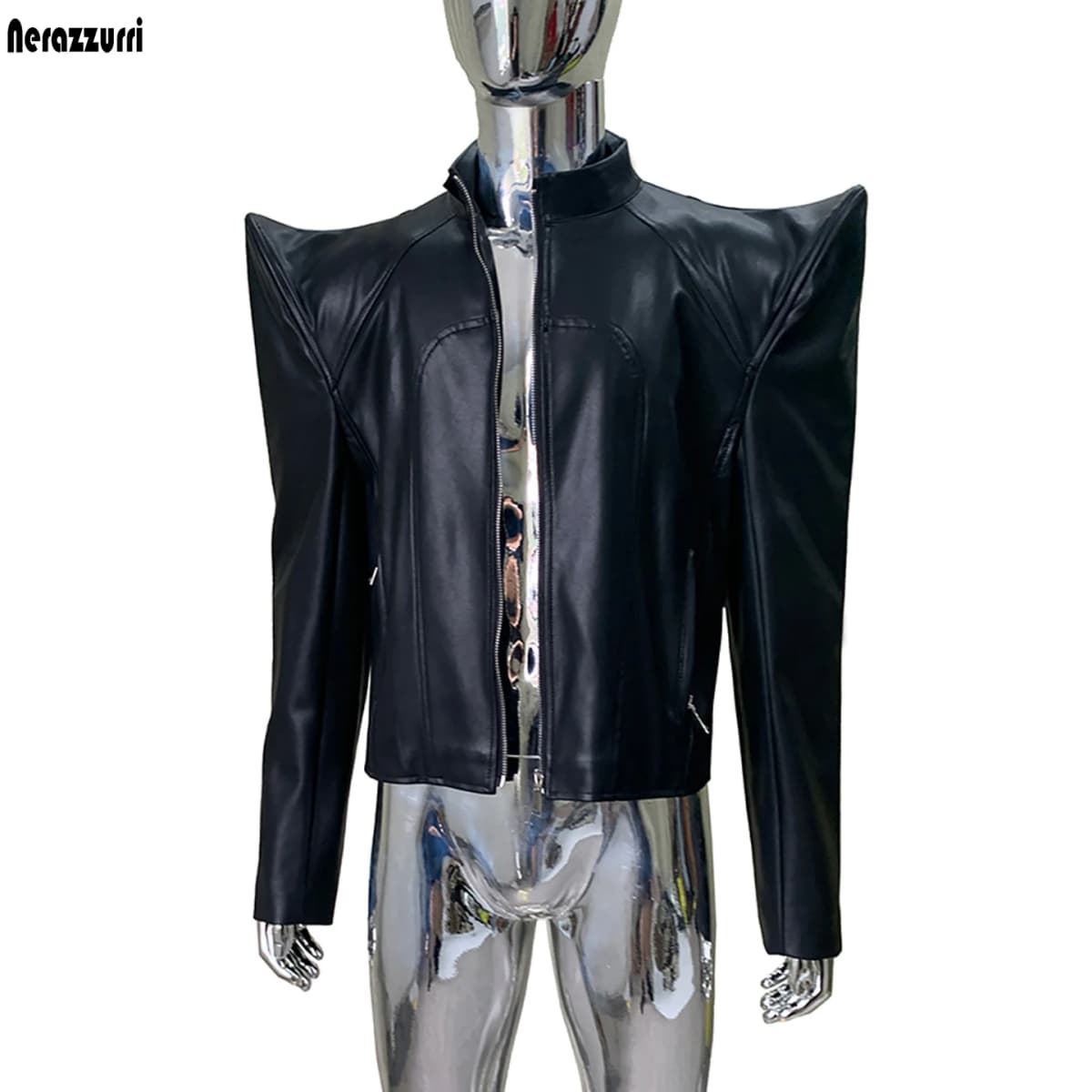 Nerazzurri Spring Autumn Cool Black Short Pu Leather Jacket Men Shoulder Pads Long Sleeve Luxury Streetwear Zip Up Clothes 2026