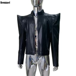 Nerazzurri Spring Autumn Cool Black Short Pu Leather Jacket Men Shoulder Pads Long Sleeve Luxury Streetwear Zip Up Clothes 2026