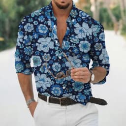 Spring and autumn fashion men's long sleeved Hawaiian shirt men's 3D printed flower shirt men's trendy top