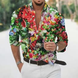 Spring and autumn fashion men's long sleeved Hawaiian shirt men's 3D printed flower shirt men's trendy top
