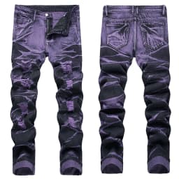 Men's Denim Pants High-quality Trendy Personalized Two-color Striped Perforated Washed With Water