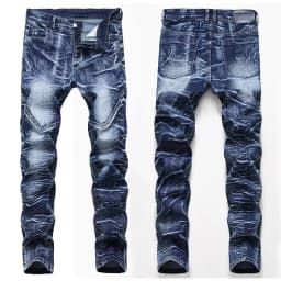 Men's Denim Pants High-quality Trendy Personalized Two-color Striped Perforated Washed With Water