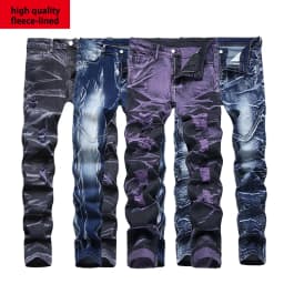Men's Denim Pants High-quality Trendy Personalized Two-color Striped Perforated Washed With Water