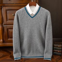 Autumn And Winter New Thickened 100 Pure Cashmere Sweater Men's V-neck Jacquard Knitted Top Warm Fashion Leisure Youth Pullover