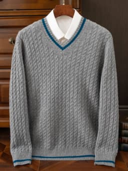 Autumn And Winter New Thickened 100 Pure Cashmere Sweater Men's V-neck Jacquard Knitted Top Warm Fashion Leisure Youth Pullover