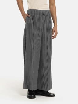 Miyake Pleated Wide Leg Pants Men Elastic Waist Straight Trousers With Side Pockets Wrinkle Resistant Japanese Minimalist