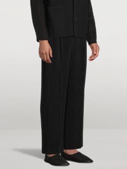 Miyake Pleated Wide Leg Pants Men Elastic Waist Straight Trousers With Side Pockets Wrinkle Resistant Japanese Minimalist