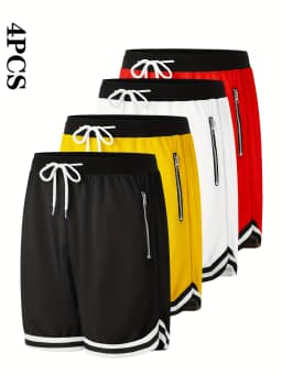 Set of 4 Men'S Casual Athletic Shorts Featuring Multi-Colored Zipper Pockets - Regular Fit, Slightly Stretchy Material, Solid Hue, Perfect for Basketball And Other Sports, Casual Style, Zippered Shorts, Athletic Shorts Set