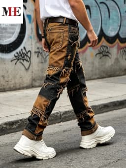 【HME】Men's Jeans | Straight‑Fit Deconstructed Denim Pants, vintage Mud‑Wash Two‑Color Spliced Denim Trousers, Exposed Frayed Tassel Seams, Classic Five‑Pocket Construction, Durable Fabric Fashion Men Casual Pants