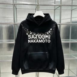 Oversize Balck Satoshi Hoody Retro Spray Dirty Rhinestone Button Stud Necklace Logo Hooded Sweatshirts 2XL Men Women Streetwear