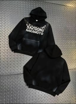 Oversize Balck Satoshi Hoody Retro Spray Dirty Rhinestone Button Stud Necklace Logo Hooded Sweatshirts 2XL Men Women Streetwear