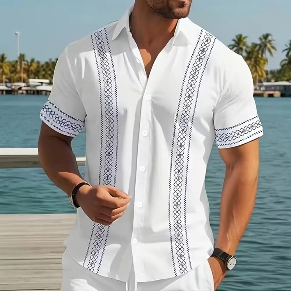 Men's Striped Geometric Shirt Button Up Short Sleeve 3D Print Turndown Shirt Black White Khaki