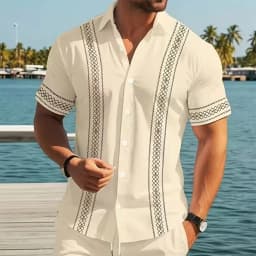 Men's Striped Geometric Shirt Button Up Short Sleeve 3D Print Turndown Shirt Black White Khaki