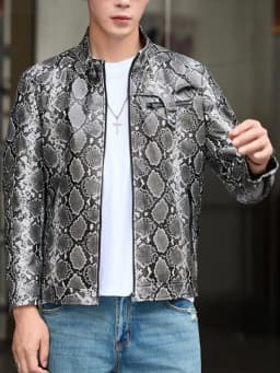 Youth Fashion Snake Pattern Zipper Genuine Leather Short Jacket Trendy Male Mix Color Long Sleeves Slim Sheepskin Outerwear