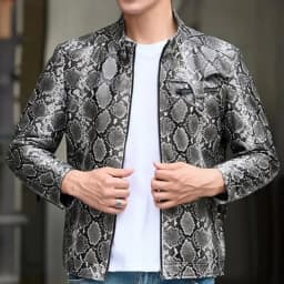 Youth Fashion Snake Pattern Zipper Genuine Leather Short Jacket Trendy Male Mix Color Long Sleeves Slim Sheepskin Outerwear