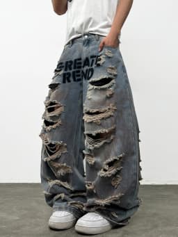 American-Style High Street Printed Distressed Heavy Washed Men's Loose Wide-Leg Jeans Y2K Street Hip-Hop Trendy Versatile Pants