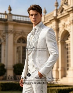 Jacquard Design Beaded Suit Men For Wedding Single Breasted Slim 3 Piece Groom Tuxedos Male Outfits Prom Blazers Customized