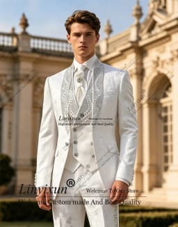 Jacquard Design Beaded Suit Men For Wedding Single Breasted Slim 3 Piece Groom Tuxedos Male Outfits Prom Blazers Customized