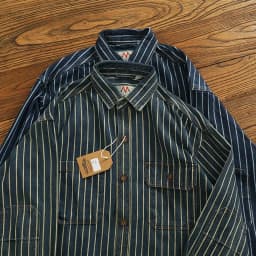 Heavy vertical stripe cargo denim shirt Men do old washed cotton elbow stick cloth lapel long sleeve shirt jacket