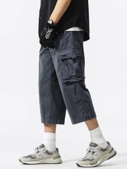 Summer Men's Calf-Length Cargo Pants Multi-Pockets Washed Cotton Straight Capris Pants Elastic Waist Workwear Loose Fit Trousers